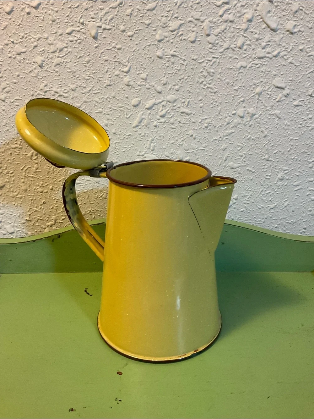 Antique Yellow White Enamelware Coffee Pot Flowers